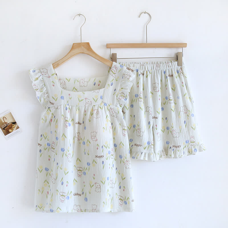 Floral Rabbit Flutter Sleeve Loungewear Set