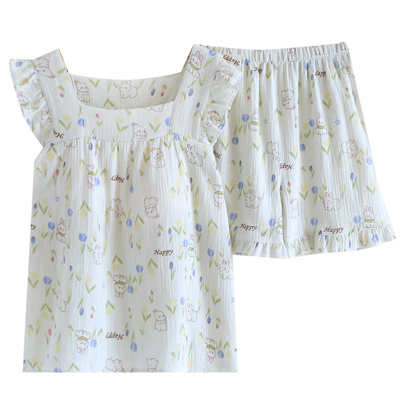 Floral Rabbit Flutter Sleeve Loungewear Set