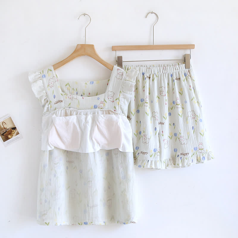 Floral Rabbit Flutter Sleeve Loungewear Set