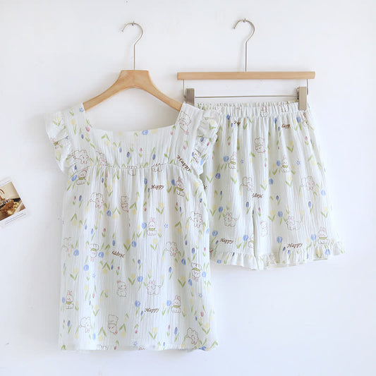 Floral Rabbit Flutter Sleeve Loungewear Set