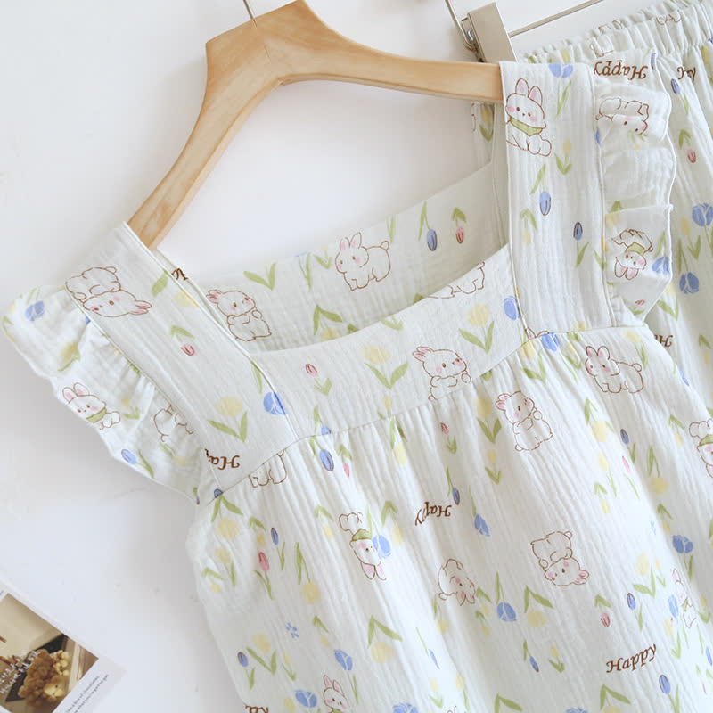 Floral Rabbit Flutter Sleeve Loungewear Set