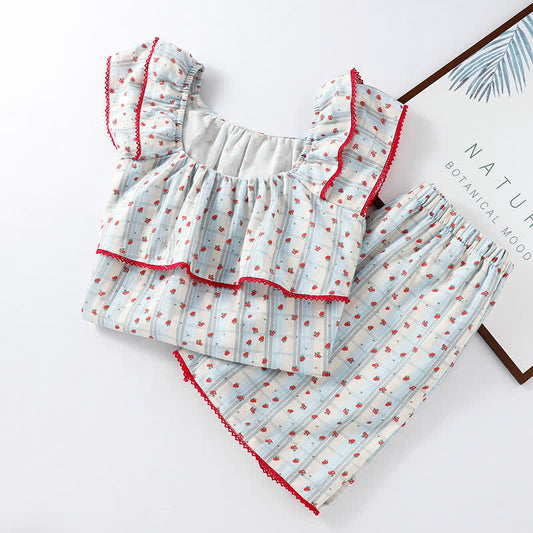 Red Floral Flutter Sleeve Cotton Sleepwear