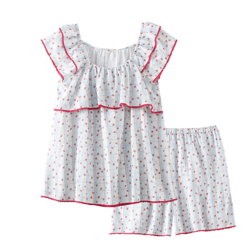 Red Floral Flutter Sleeve Cotton Sleepwear