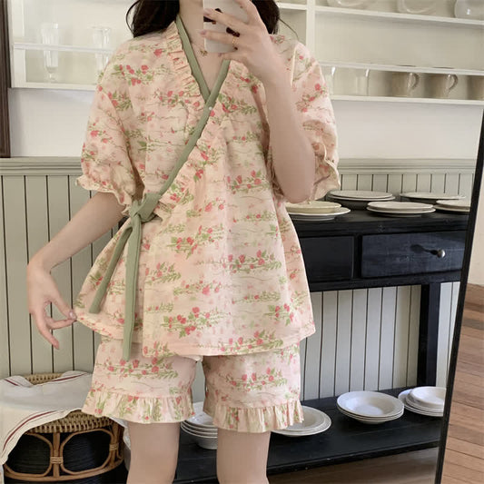 Pink Floral Ruffle Sleeve Pajama Set