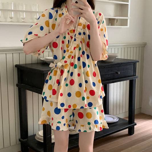 Colorful Polka Dot Ruffle Sleeve Sleepwear