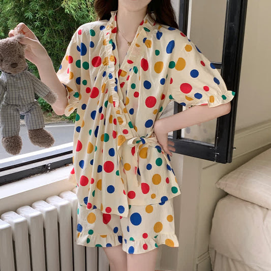Colorful Polka Dot Ruffle Sleeve Sleepwear