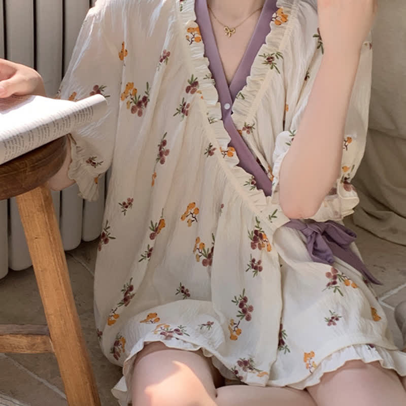 Floral Ruffle Sleeve Pajama Set