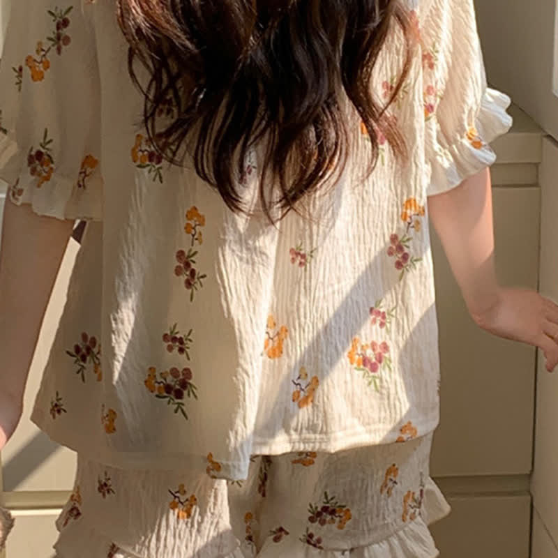 Floral Ruffle Sleeve Pajama Set