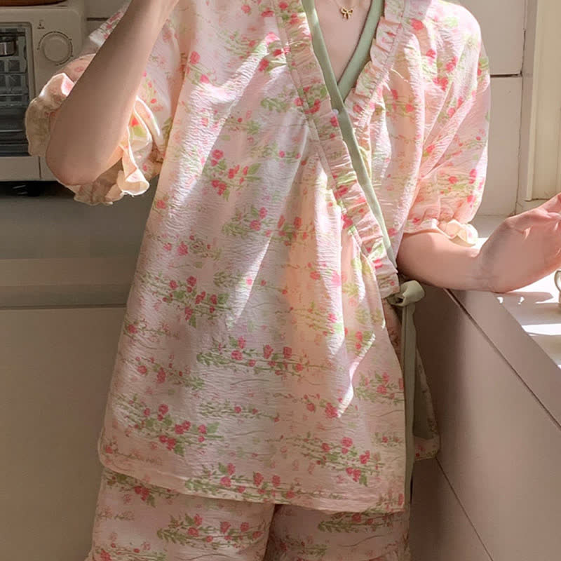 Pink Floral Ruffle Sleeve Pajama Set