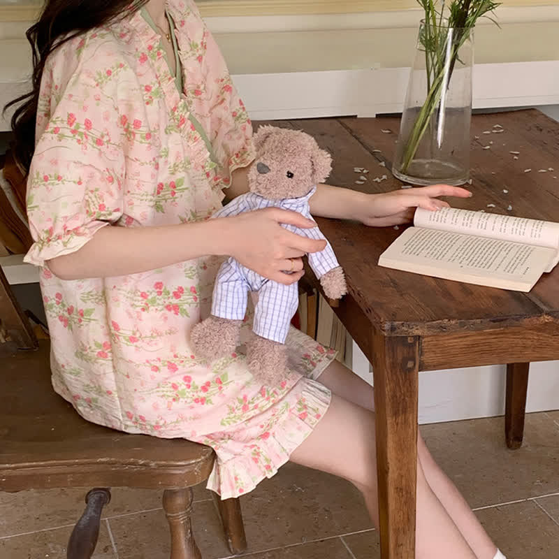 Pink Floral Ruffle Sleeve Pajama Set