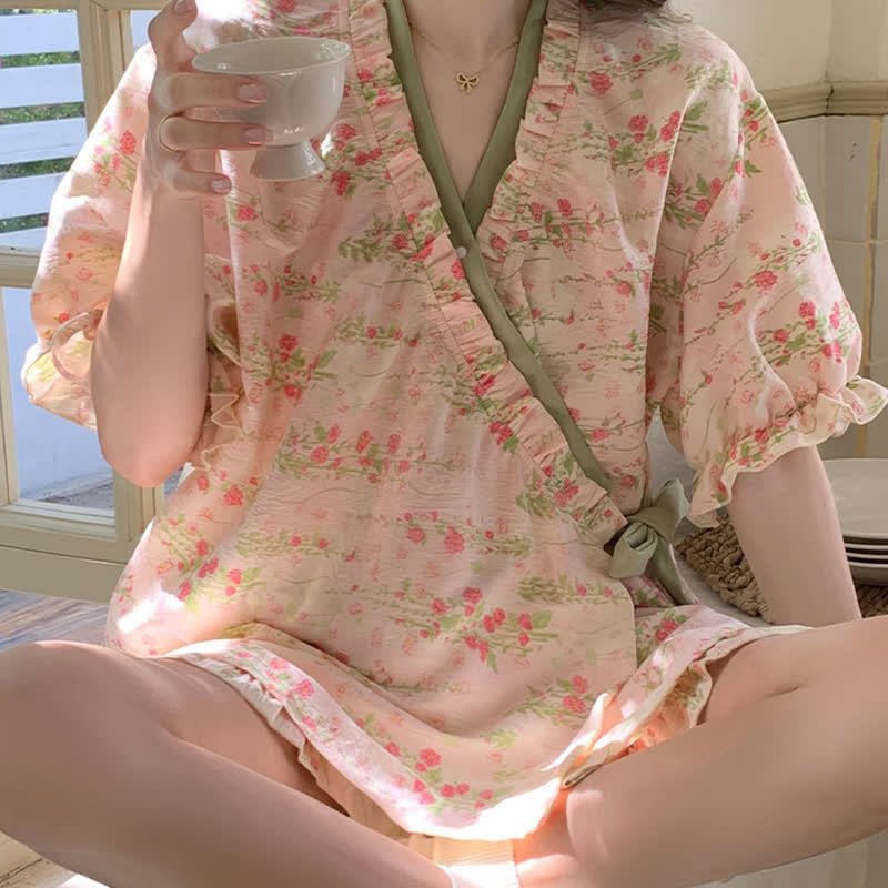 Pink Floral Ruffle Sleeve Pajama Set