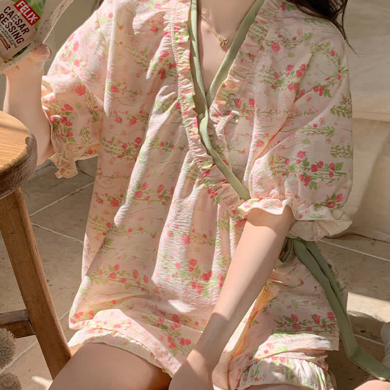 Pink Floral Ruffle Sleeve Pajama Set