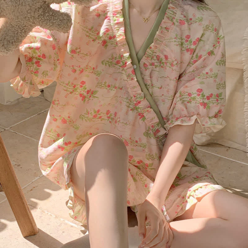 Pink Floral Ruffle Sleeve Pajama Set