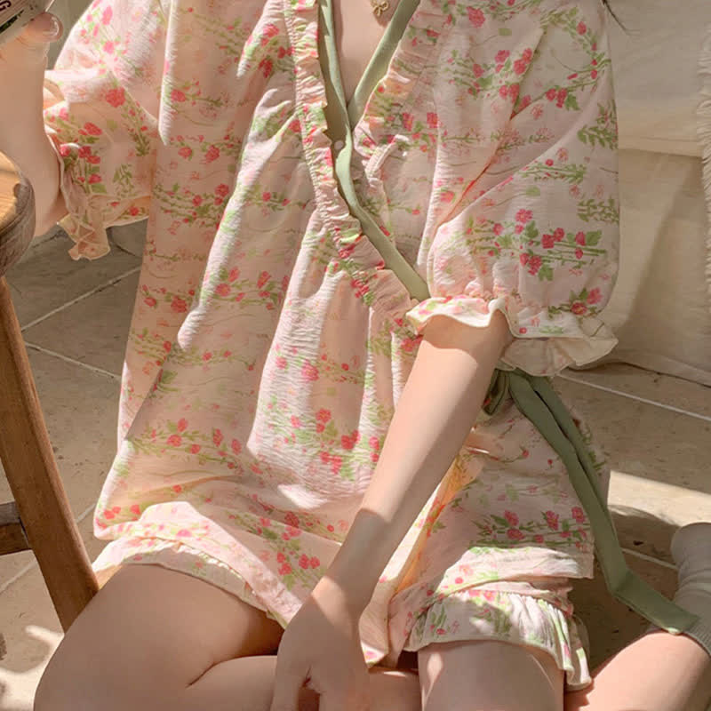 Pink Floral Ruffle Sleeve Pajama Set