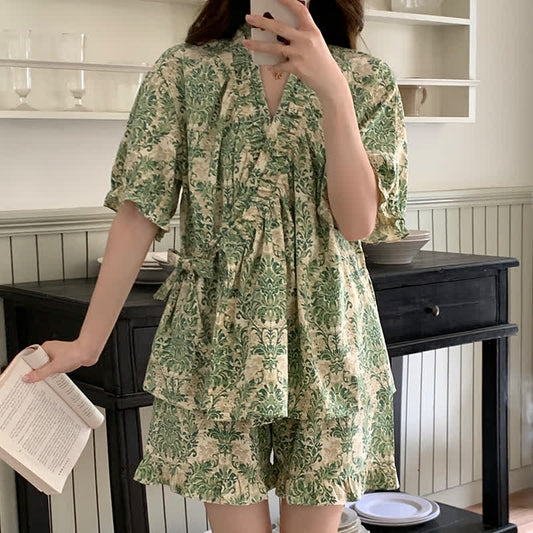 Green Floral Ruffle Sleeve Pajama Set