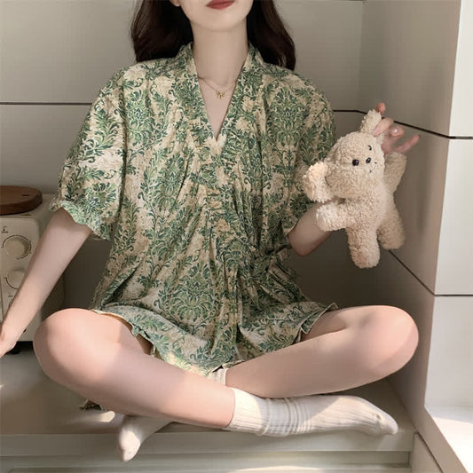 Green Floral Ruffle Sleeve Pajama Set