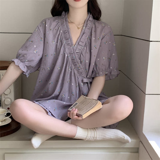 Purple Floral Ruffle Sleeve Pajama Set