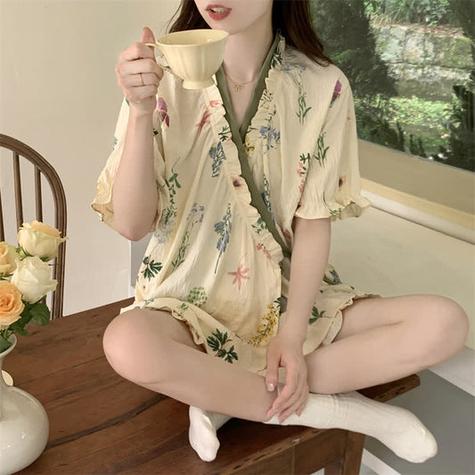 Hydrangea Botanical Ruffle Sleeve Pajama Set