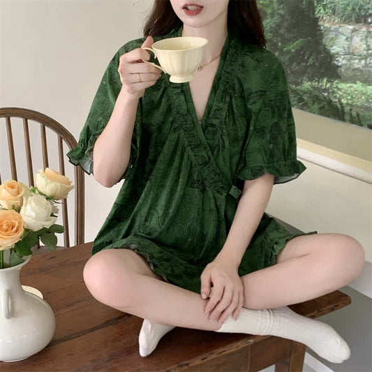 Stylish Botanical Ruffle Sleeve Pajama Set