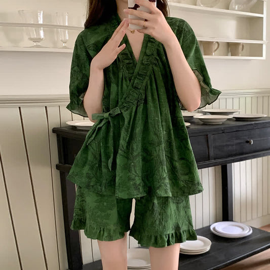 Stylish Botanical Ruffle Sleeve Pajama Set