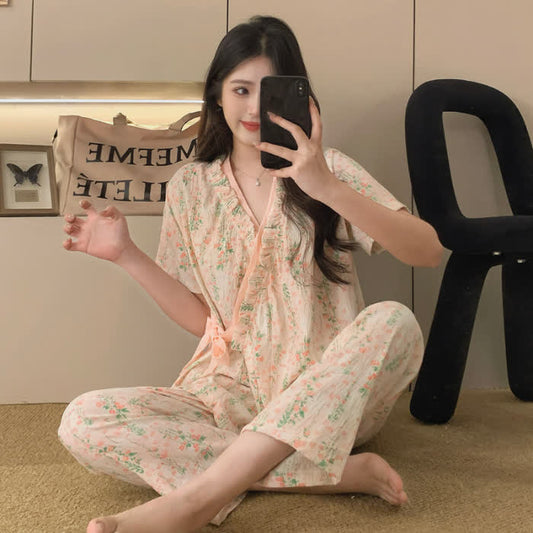 Floral Leaf Ruffle Kimono Sleepwear Set