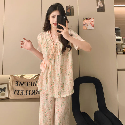 Floral Leaf Ruffle Kimono Sleepwear Set