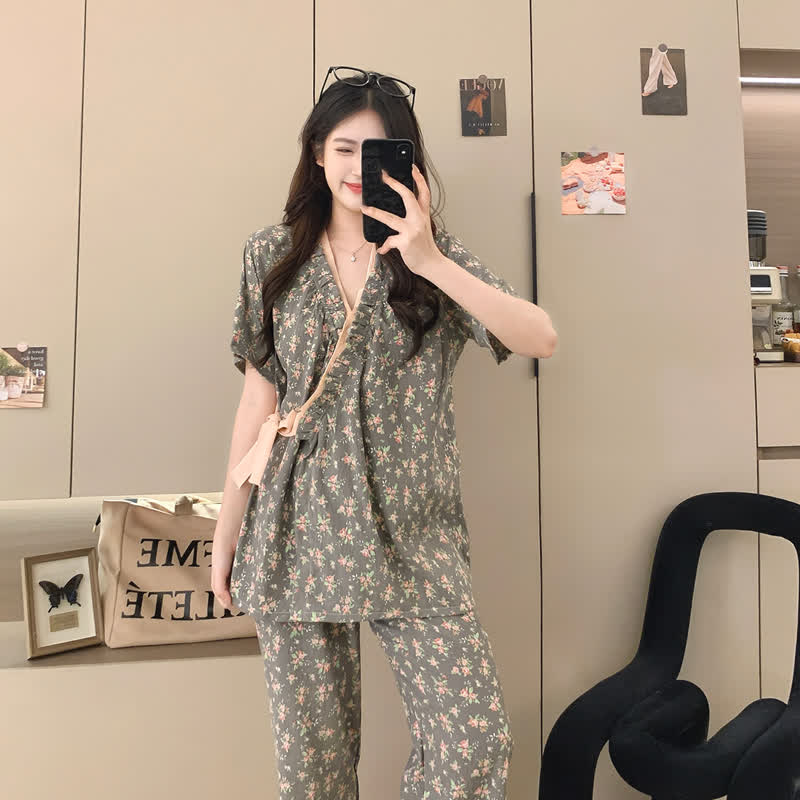 Rose Print Ruffle Kimono Sleepwear Set
