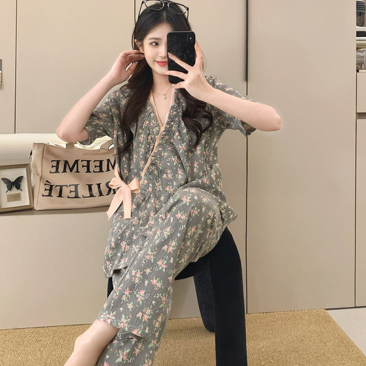 Rose Print Ruffle Kimono Sleepwear Set