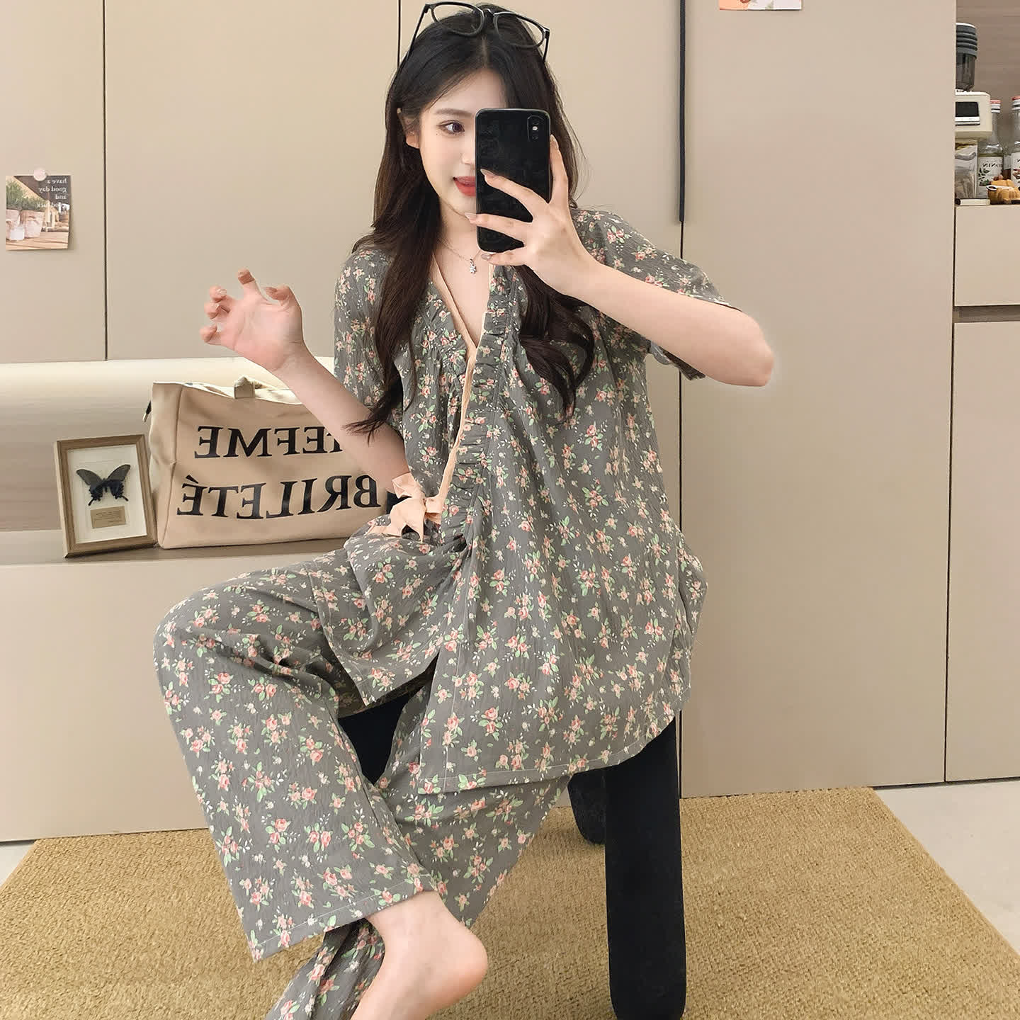 Rose Print Ruffle Kimono Sleepwear Set