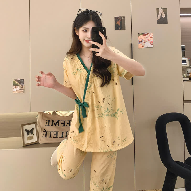 Leaf Print Ruffle Kimono Sleepwear Set