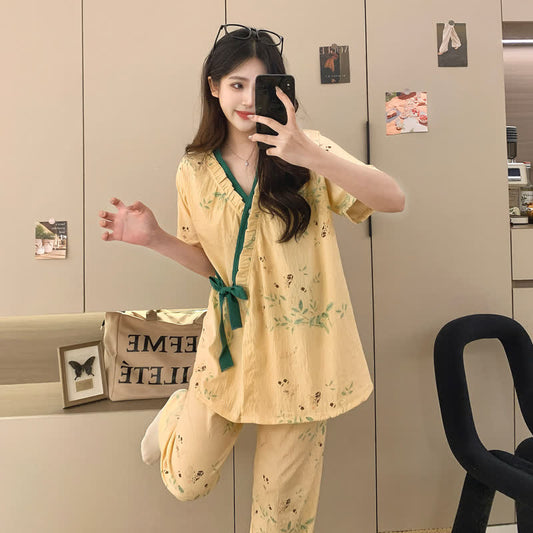 Leaf Print Ruffle Kimono Sleepwear Set