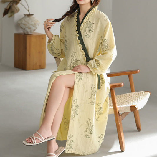 Rose Print Ruffle Trim Kimono Robe