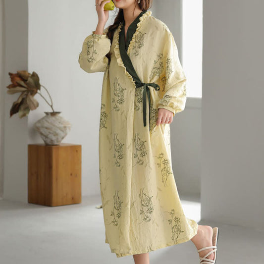 Rose Print Ruffle Trim Kimono Robe