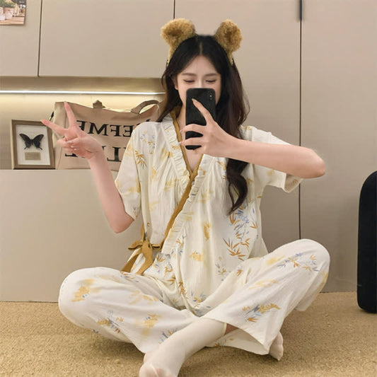 Bamboo Leaf Ruffle Kimono Sleepwear Set