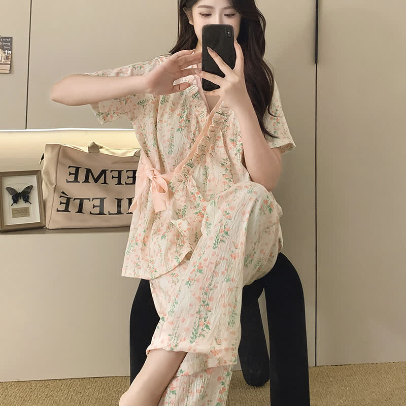 Floral Leaf Ruffle Kimono Sleepwear Set