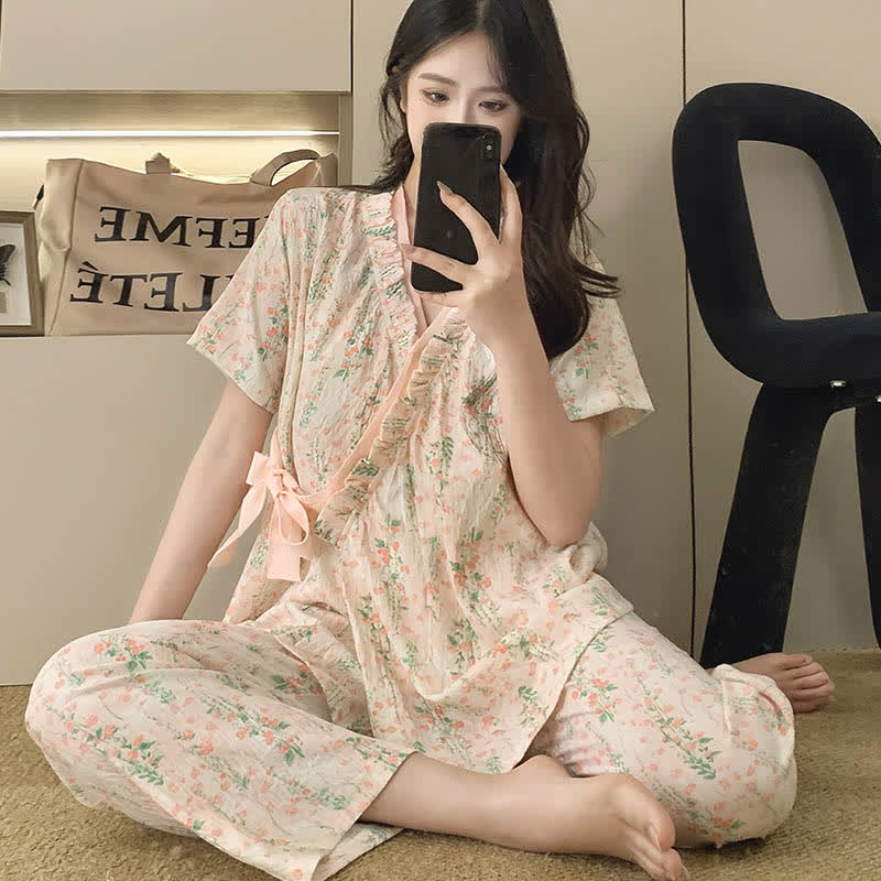 Floral Leaf Ruffle Kimono Sleepwear Set