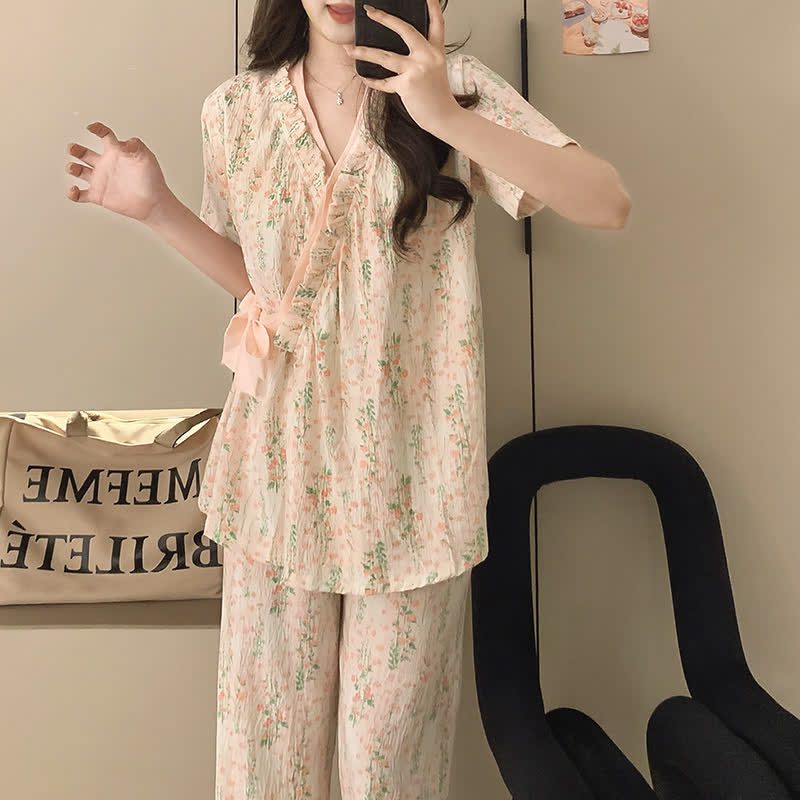 Floral Leaf Ruffle Kimono Sleepwear Set