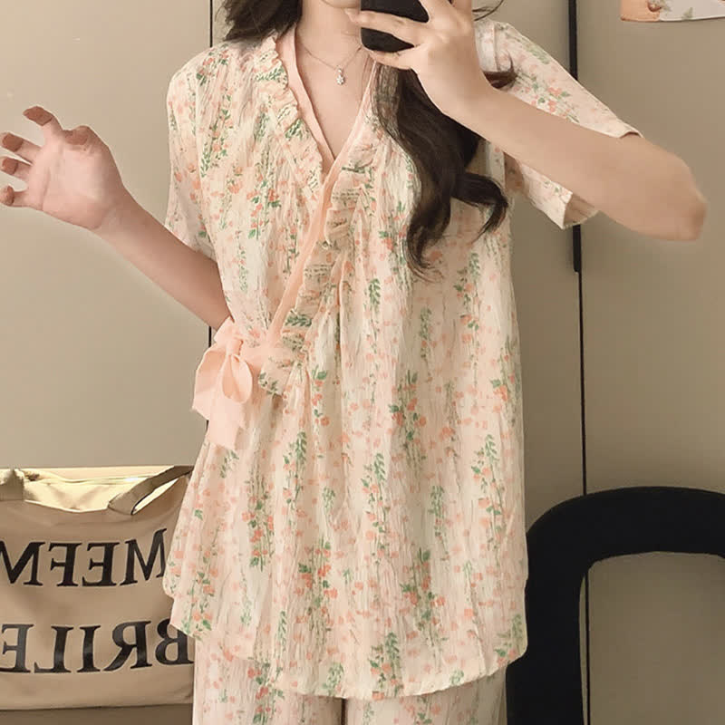 Floral Leaf Ruffle Kimono Sleepwear Set