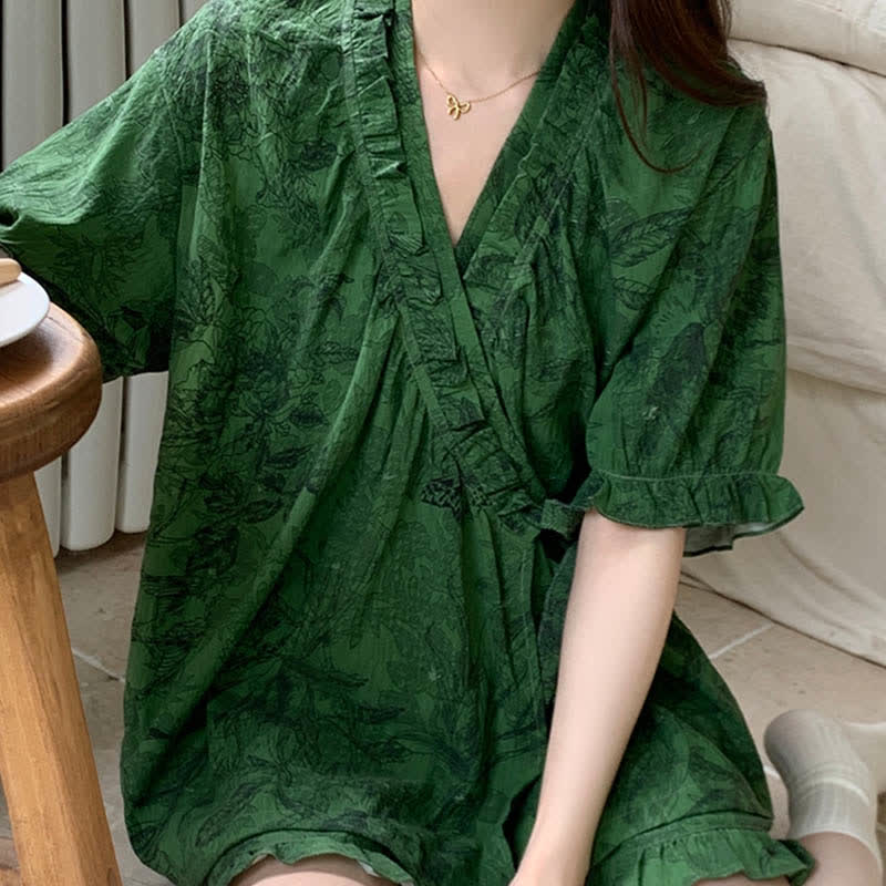 Stylish Botanical Ruffle Sleeve Pajama Set