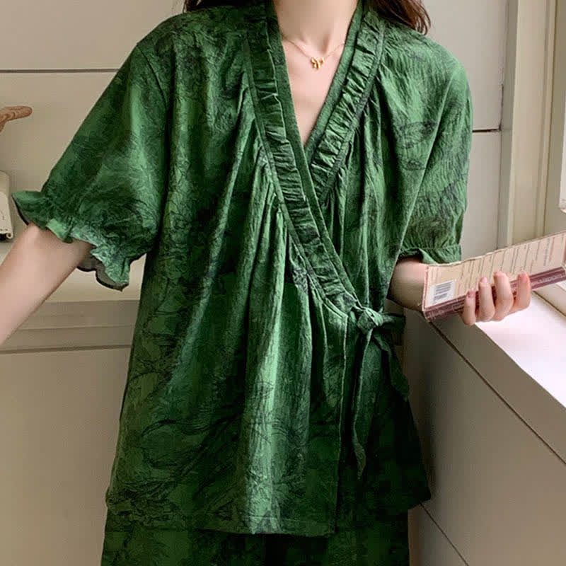 Stylish Botanical Ruffle Sleeve Pajama Set
