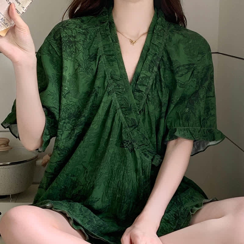 Stylish Botanical Ruffle Sleeve Pajama Set