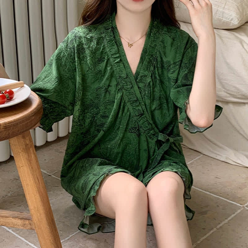 Stylish Botanical Ruffle Sleeve Pajama Set