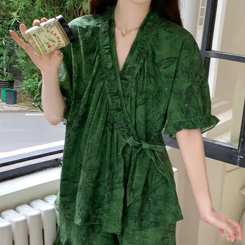 Stylish Botanical Ruffle Sleeve Pajama Set