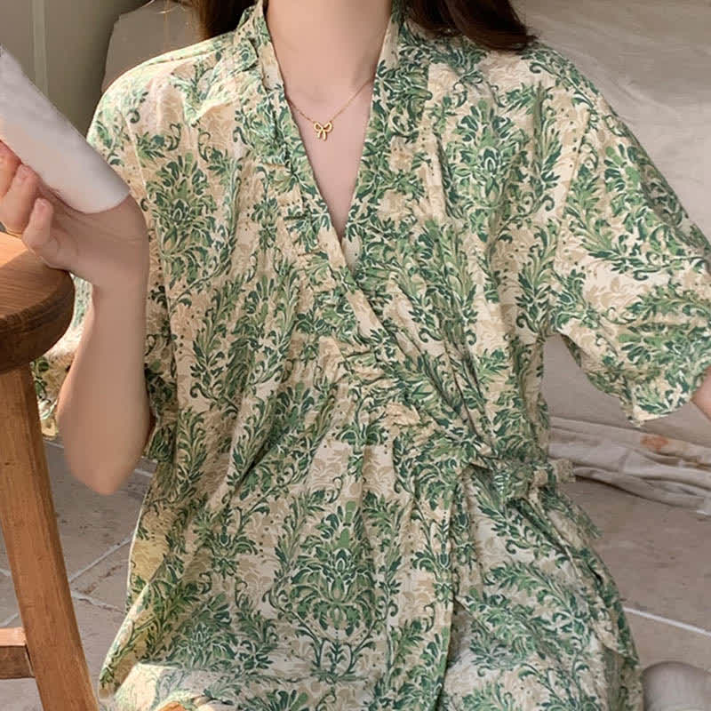 Green Floral Ruffle Sleeve Pajama Set