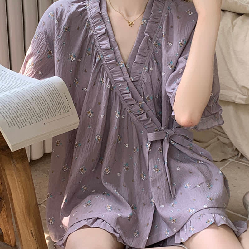 Purple Floral Ruffle Sleeve Pajama Set