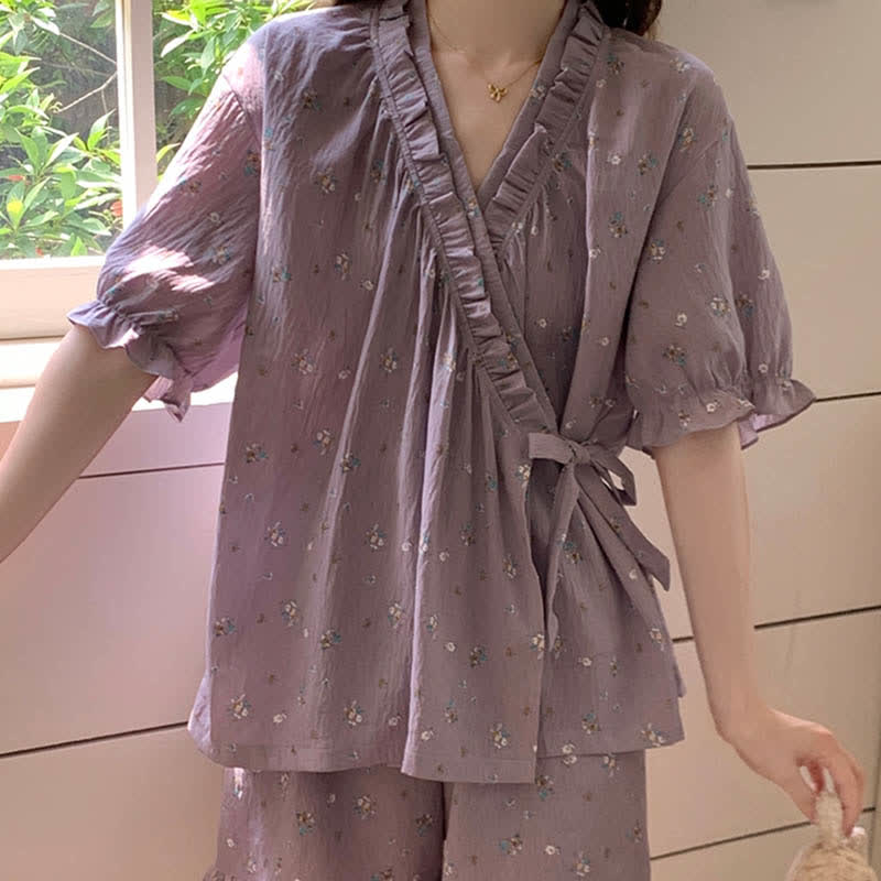Purple Floral Ruffle Sleeve Pajama Set