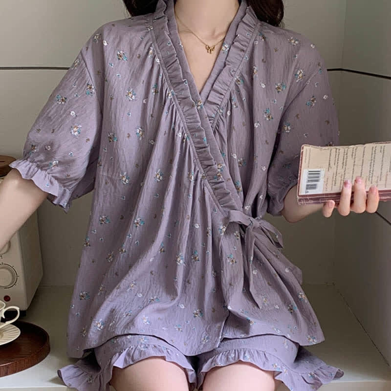Purple Floral Ruffle Sleeve Pajama Set