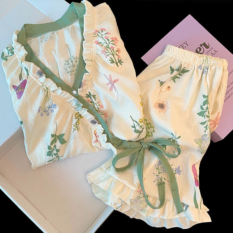 Hydrangea Botanical Ruffle Sleeve Pajama Set