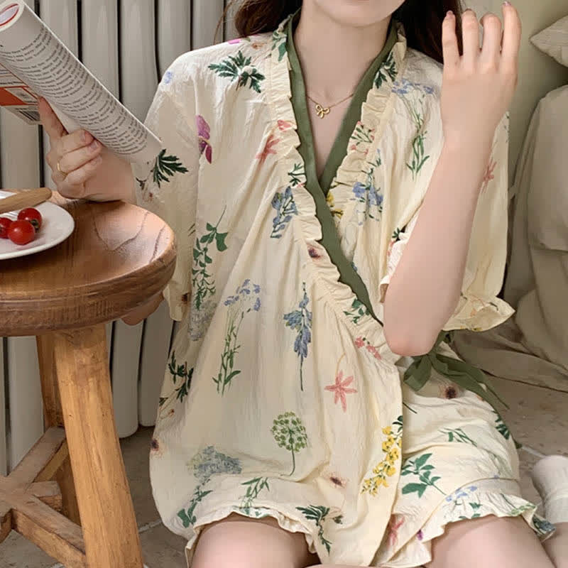Hydrangea Botanical Ruffle Sleeve Pajama Set