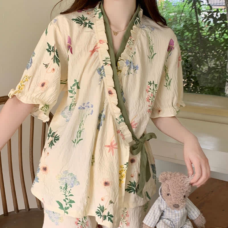 Hydrangea Botanical Ruffle Sleeve Pajama Set